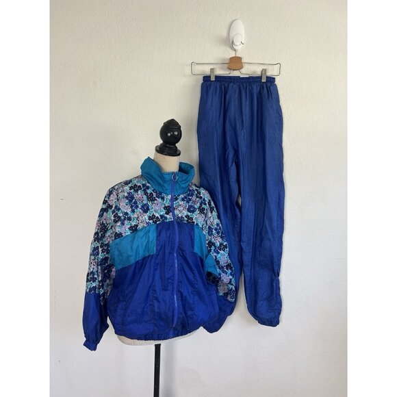 Pro Spirit Jacket Sweat Set Women S Blue Windbreaker Floral Colorblock Vintage - Picture 1 of 15